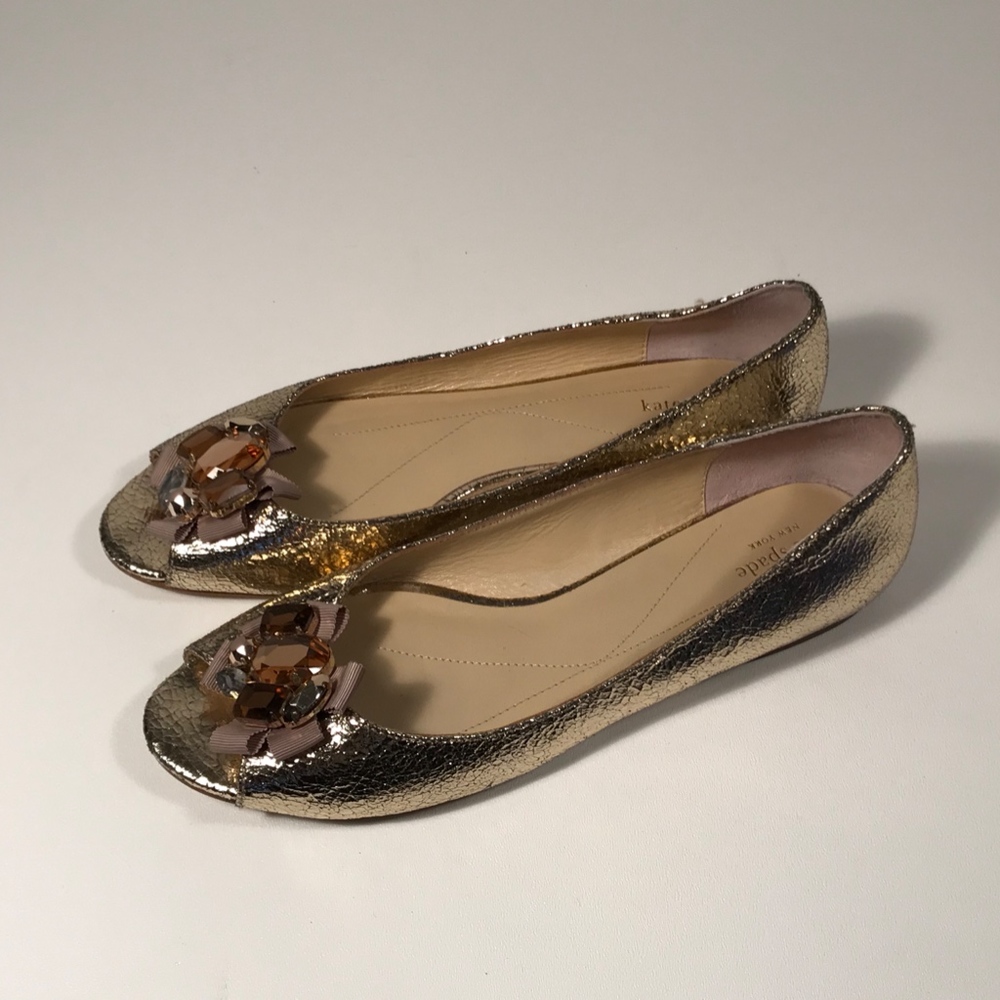 Kate Spade Gold Peep Toe Flats Women 9 M_3